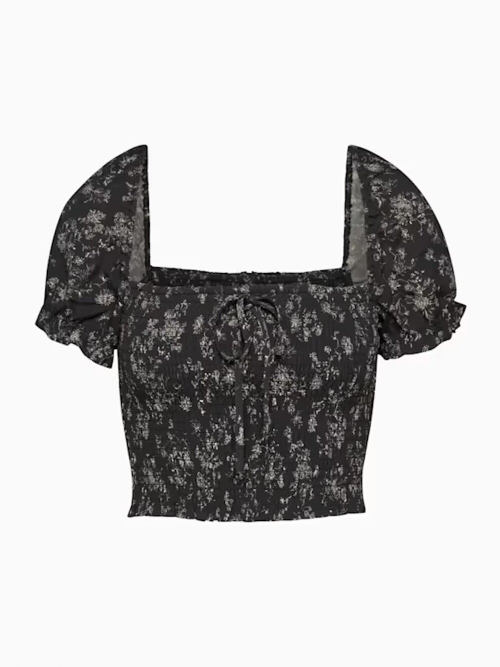 2/$25 Aritzia Black Floral Smocked Puff-Sleeve Crop Top